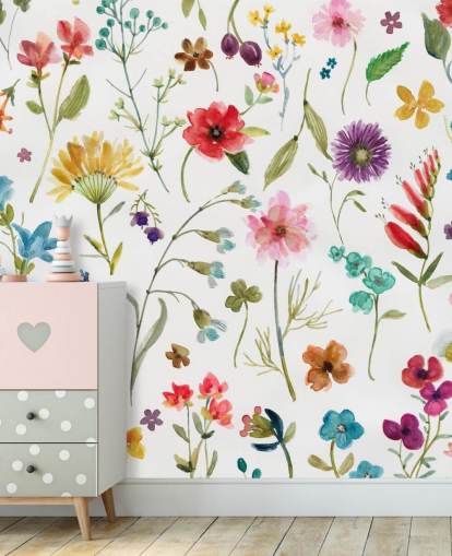 fiori di prato colorati dipinti su sfondo bianco carta da parati