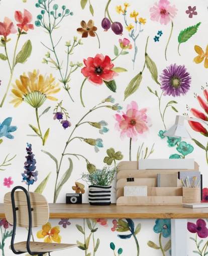 painted colourful meadow flowers on white background wallpaper