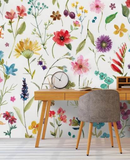 beschilderde kleurrijke weidebloemen op wit achtergrondbehang beschilderde kleurrijke weidebloemen op wit achtergrondbehang