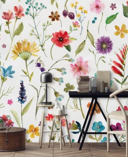 painted colourful meadow flowers on white background wallpaper
