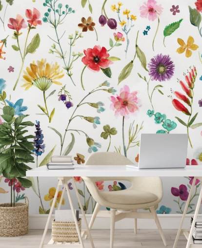 painted colourful meadow flowers on white background wallpaper