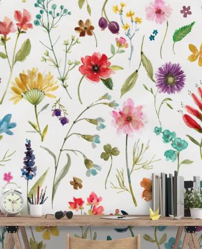 painted colourful meadow flowers on white background wallpaper