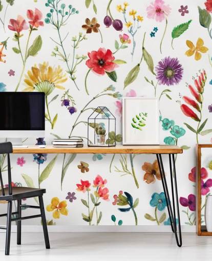 painted colourful meadow flowers on white background wallpaper