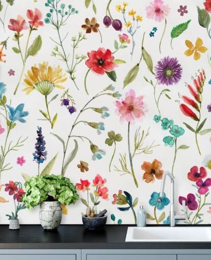 painted colourful meadow flowers on white background wallpaper