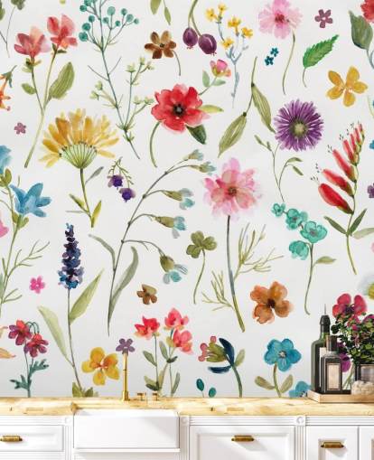 painted colourful meadow flowers on white background wallpaper