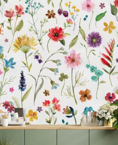 painted colourful meadow flowers on white background wallpaper