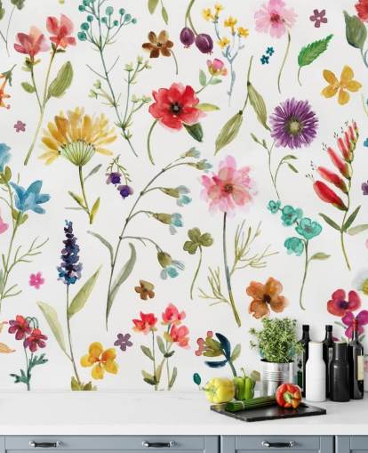 flores de prado coloridas pintadas no papel de parede de fundo branco