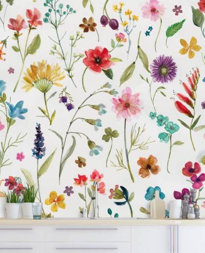 painted colourful meadow flowers on white background wallpaper