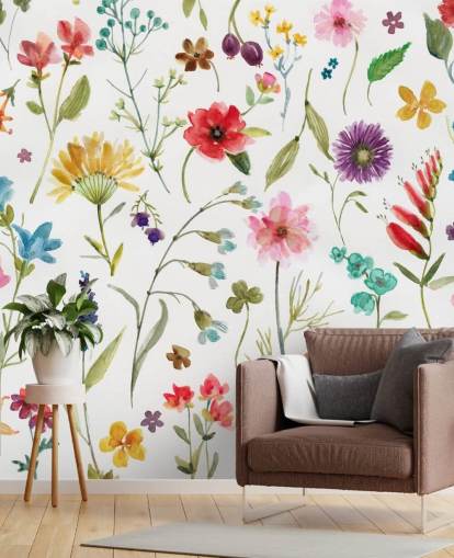 pintado colorido prado flores sobre fondo blanco papel pintado