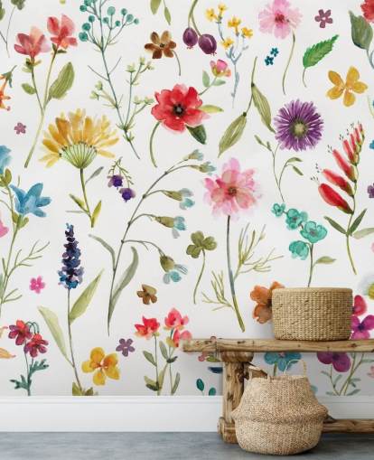 painted colourful meadow flowers on white background wallpaper