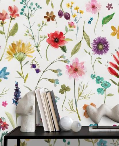 fiori di prato colorati dipinti su sfondo bianco carta da parati