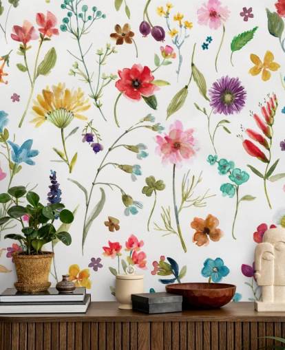 painted colourful meadow flowers on white background wallpaper