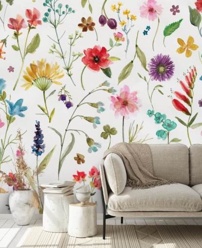 fiori di prato colorati dipinti su sfondo bianco carta da parati