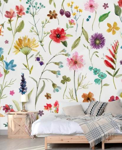 fiori di prato colorati dipinti su sfondo bianco carta da parati