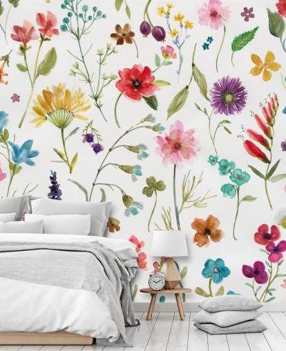 painted colourful meadow flowers on white background wallpaper