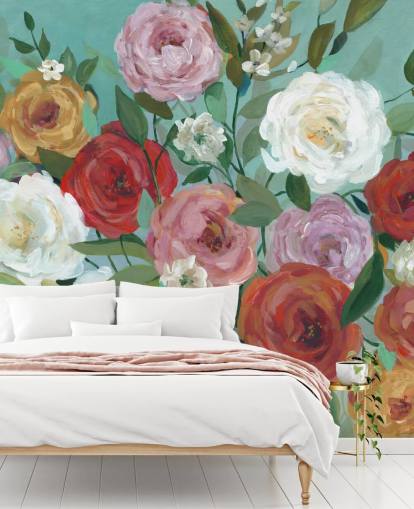 rosas pintadas de colores sobre fondo verde papel pintado