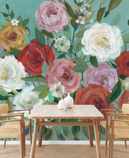 colourful painted roses on green background wallpaper