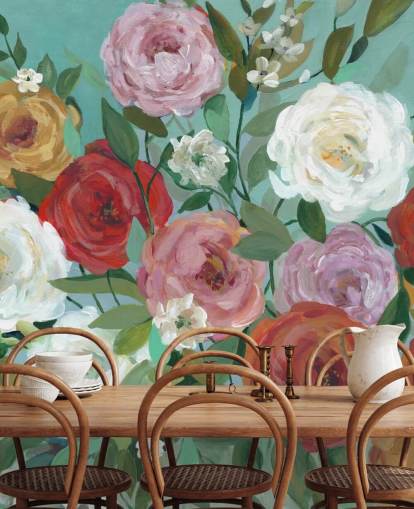 rosas pintadas de colores sobre fondo verde papel pintado