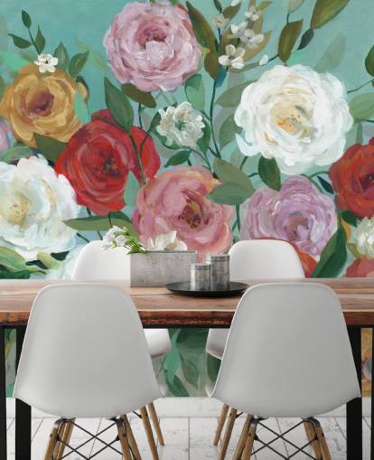 rosas coloridas pintadas no papel de parede de fundo verde