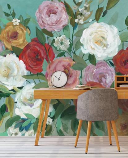 colourful painted roses on green background wallpaper