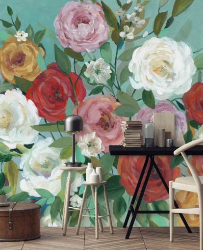 colourful painted roses on green background wallpaper