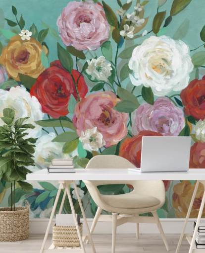 rosas coloridas pintadas no papel de parede de fundo verde