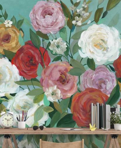 colourful painted roses on green background wallpaper