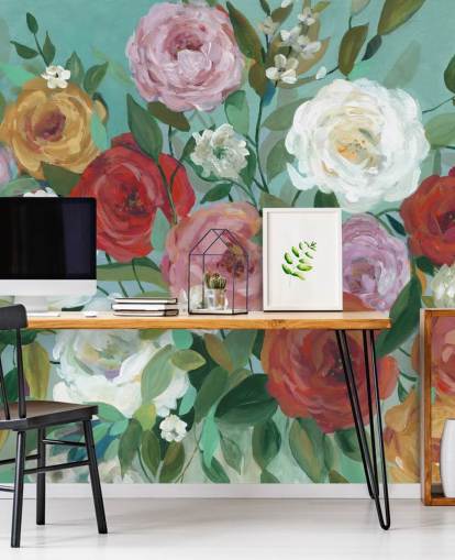 colourful painted roses on green background wallpaper