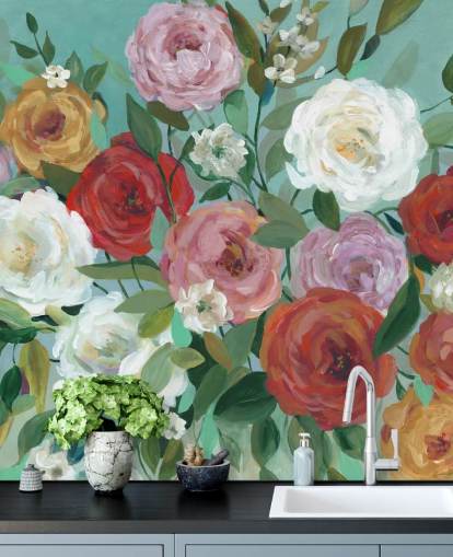 roses peintes colorées sur fond vert papier peint