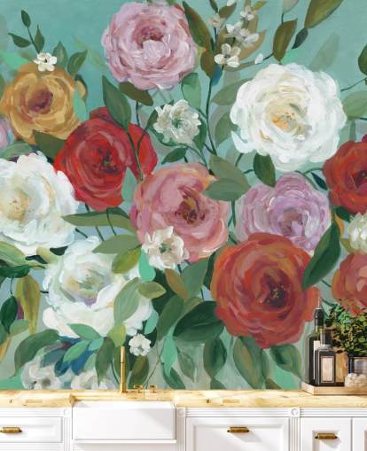 colourful painted roses on green background wallpaper