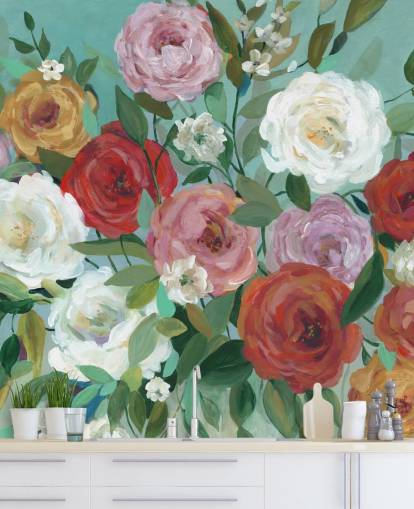 colourful painted roses on green background wallpaper