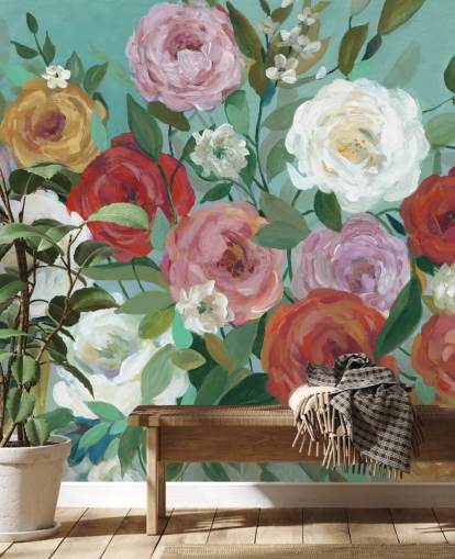 colourful painted roses on green background wallpaper