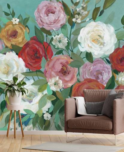 colourful painted roses on green background wallpaper