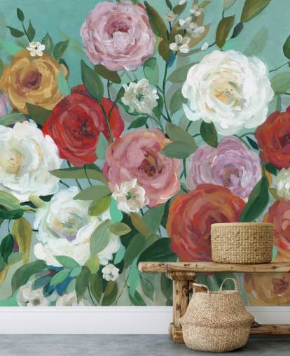 rosas pintadas de colores sobre fondo verde papel pintado