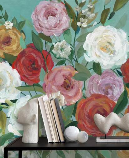 colourful painted roses on green background wallpaper