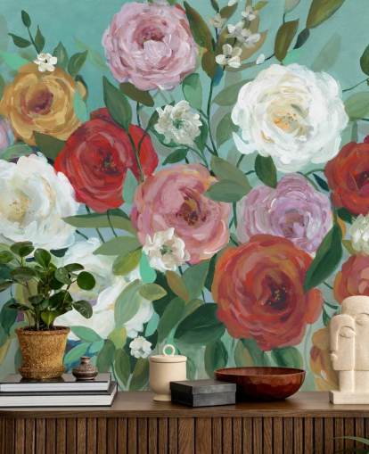 colourful painted roses on green background wallpaper
