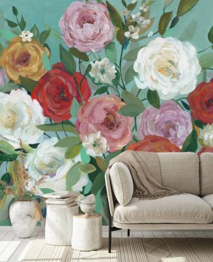 rosas coloridas pintadas no papel de parede de fundo verde