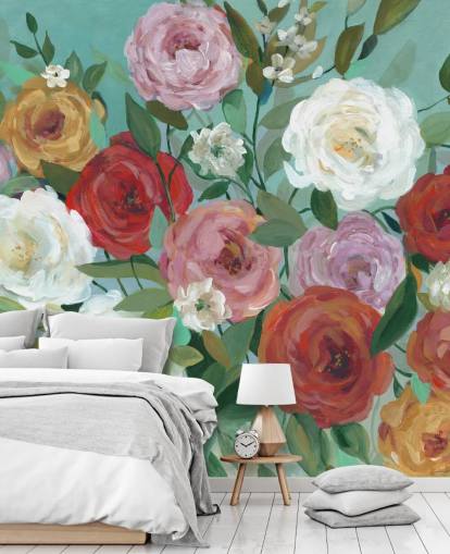 colourful painted roses on green background wallpaper