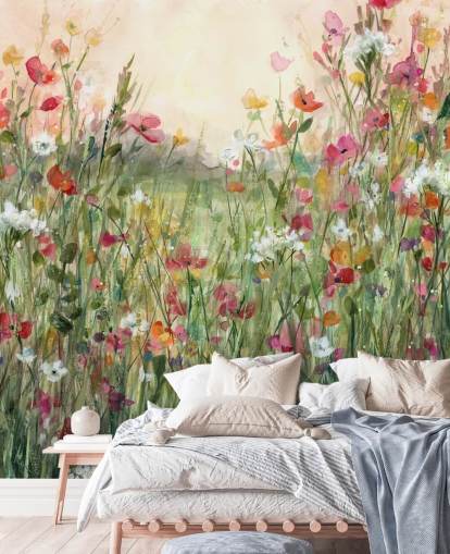 mural de papel pintado floral personalizable rosa y verde llamado Spring in Full Bloom de Carol Robinson para salas de estar