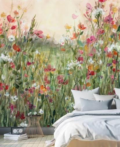 carta da parati murale floreale personalizzabile rosa e verde chiamata Spring in Full Bloom di Carol Robinson per salotti carta da parati murale floreale personalizzabile rosa e verde chiamata Spring in Full Bloom di Carol Robinson per salotti