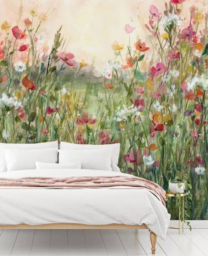 mural de papel pintado floral personalizable rosa y verde llamado Spring in Full Bloom de Carol Robinson para salas de estar