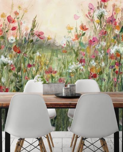 Personalisierbare Blumentapete in Rosa und Grün mit dem Titel Spring in Full Bloom von Carol Robinson für Wohnzimmer