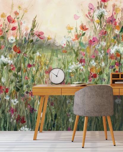pink and green customisable floral wallpaper mural called Spring in Full Bloom by Carol Robinson for living rooms