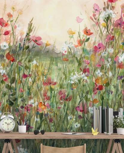 papier peint mural floral personnalisable rose et vert appelé Spring in Full Bloom par Carol Robinson pour les salons