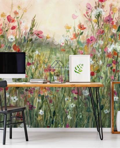 papier peint mural floral personnalisable rose et vert appelé Spring in Full Bloom par Carol Robinson pour les salons