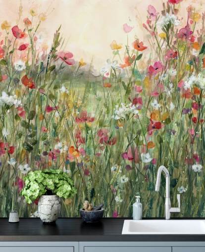 pink and green customizable floral wallpaper mural called Spring in Full Bloom by Carol Robinson for living rooms