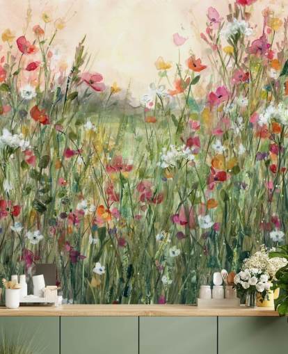 lyserødt og grønt tilpassbart blomstertapet vægmaleri kaldet Spring in Full Bloom af Carol Robinson til stuer lyserødt og grønt tilpassbart blomstertapet vægmaleri kaldet Spring in Full Bloom af Carol Robinson til stuer
