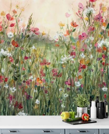 Personalisierbare Blumentapete in Rosa und Grün mit dem Titel Spring in Full Bloom von Carol Robinson für Wohnzimmer