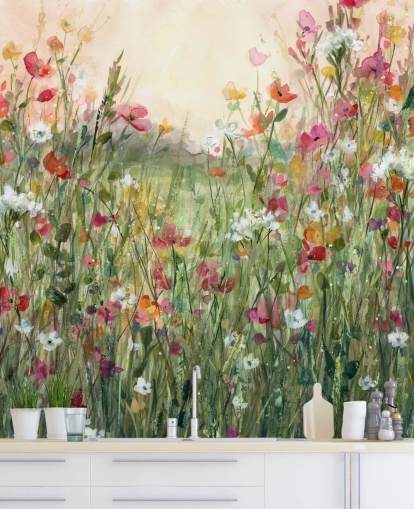 roze en groene aanpasbare bloemenbehangmuurschildering genaamd Spring in Full Bloom van Carol Robinson voor woonkamers