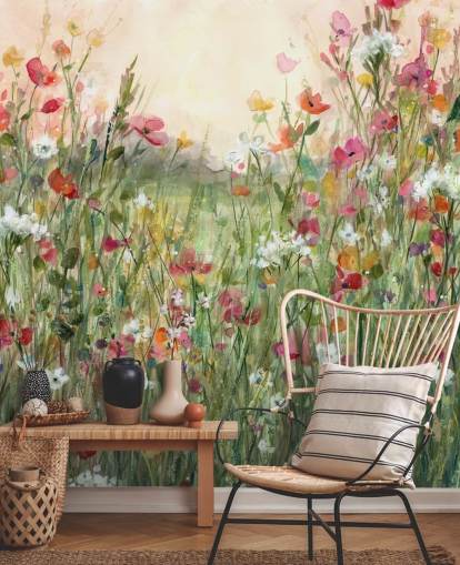 Personalisierbare Blumentapete in Rosa und Grün mit dem Titel Spring in Full Bloom von Carol Robinson für Wohnzimmer